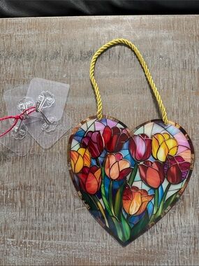 NEW Heart-Shaped Faux Stained Glass Tulip Sun-catcher with Adhesive hooks
